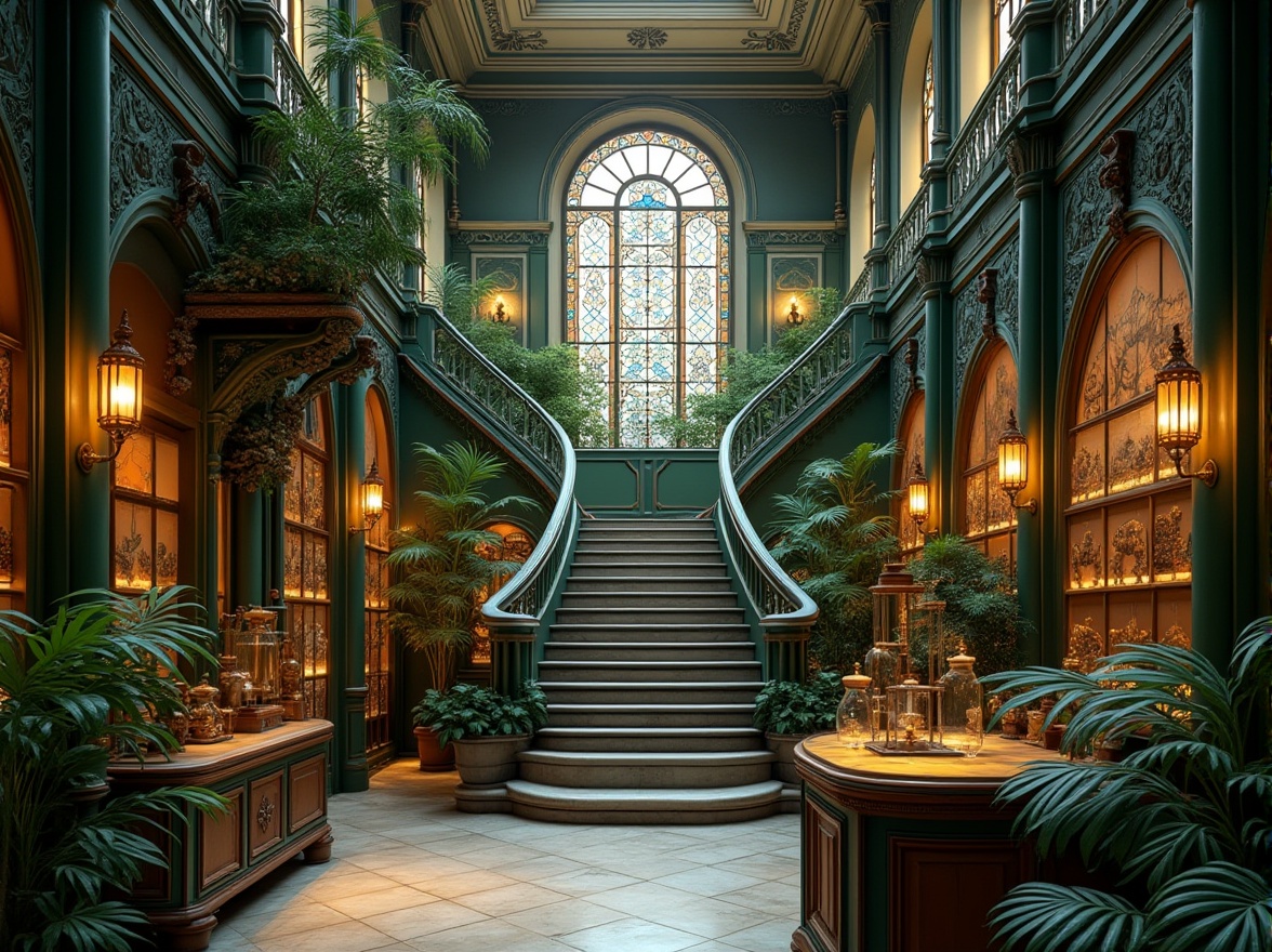 Prompt: Intricate botanical ornaments, flowing organic lines, sinuous curves, ornate metalwork, stained glass windows, grand entrance halls, sweeping staircases, marble floors, decorative railings, elegant laboratory equipment, vintage scientific instruments, lush green walls, tropical plants, natural history exhibits, dim warm lighting, soft focus, shallow depth of field, 1/2 composition, symmetrical framing, highly detailed textures, ambient occlusion.