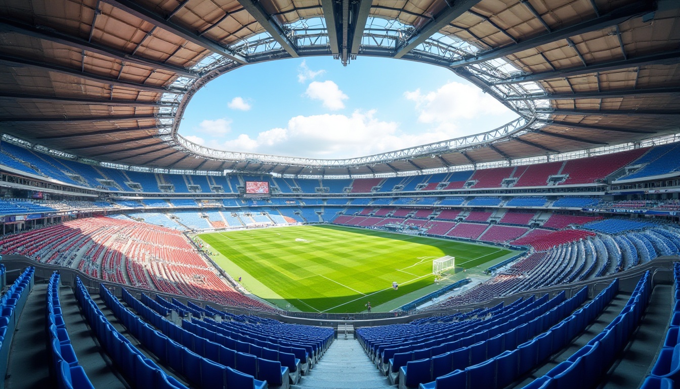 Prompt: Vibrant stadium interior, polished concrete floors, stainless steel railings, matte aluminum seats, durable polyurethane coatings, translucent polycarbonate roofs, textured stone walls, glossy acrylic signage, sleek glass facades, LED lighting systems, dynamic color-changing effects, energetic atmosphere, panoramic views, shallow depth of field, 3/4 composition, realistic reflections, ambient occlusion.