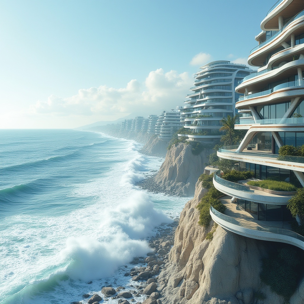 Prompt: Wave-crashing coastline, salty sea air, ocean views, modern coastal buildings, undulating facades, curvaceous lines, reflective glass surfaces, anodized aluminum frames, weathered wood accents, nautical-themed railings, ocean-inspired color palette, soft blues and whites, sandy neutrals, dynamic shading devices, wind-resistant structures, reinforced concrete foundations, cantilevered balconies, panoramic ocean views, 1/1 composition, high-key lighting, subtle textures, atmospheric mist effects.