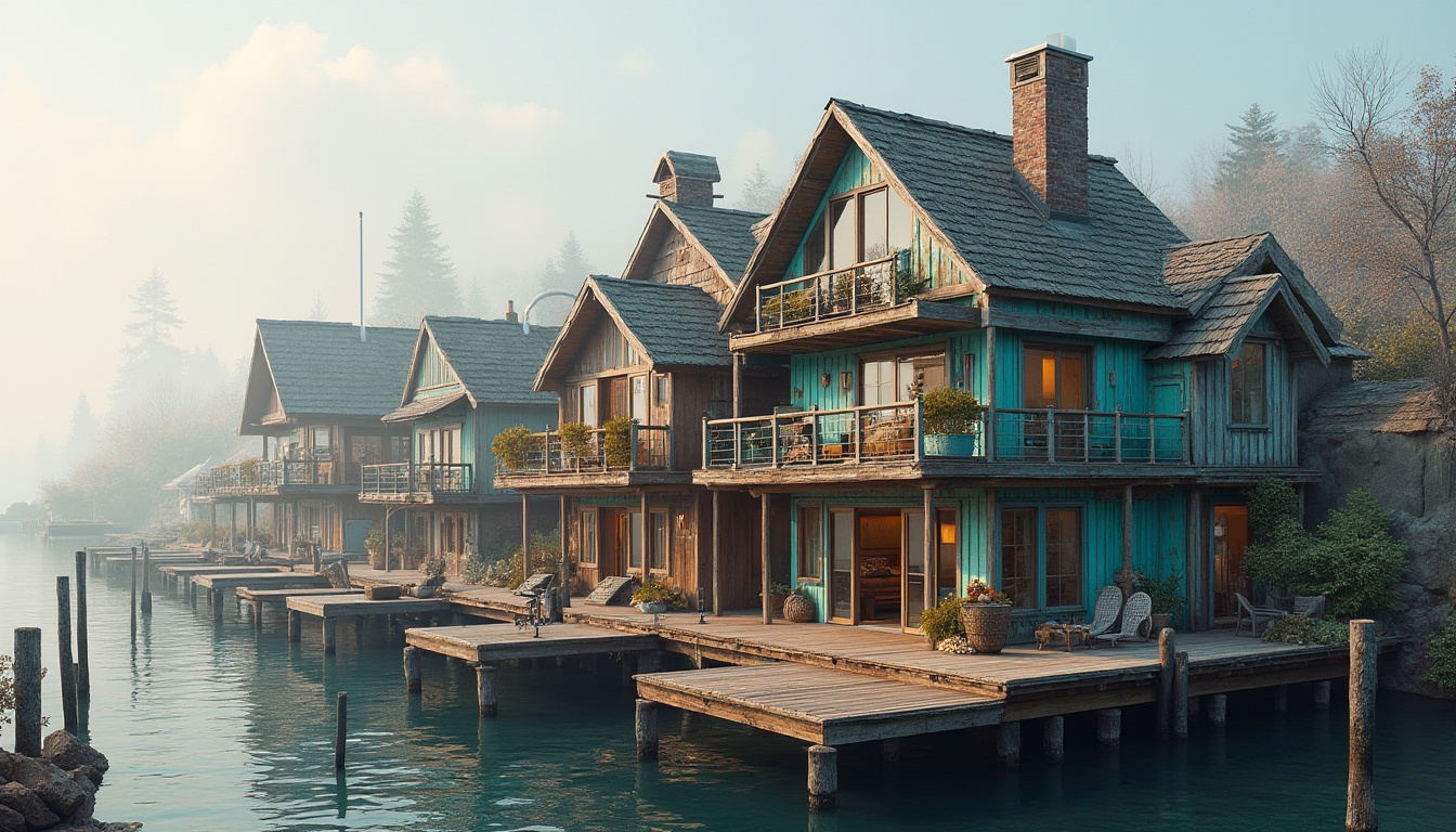 Prompt: Waterfront location, rustic wooden docks, eclectic boathouse design, mismatched rooflines, vibrant turquoise accents, distressed wood textures, nautical-themed decorations, reclaimed wood materials, energy-efficient systems, solar panels, green roofs, rainwater harvesting systems, natural ventilation, large windows, sliding glass doors, waterfront views, misty morning atmosphere, soft warm lighting, shallow depth of field, 1/1 composition, realistic reflections.