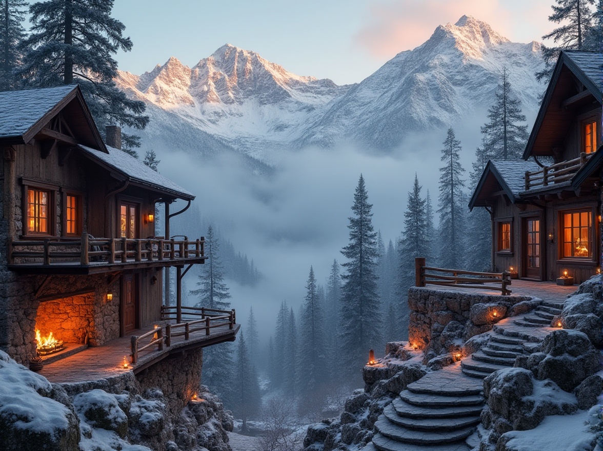 Prompt: Snow-capped mountains, rugged terrain, wooden cabins, earthy tones, natural stone walls, rustic metal accents, warm candlelight, cozy fireplaces, plush furnishings, panoramic views, misty mornings, soft fog, atmospheric perspective, 1/2 composition, realistic textures, ambient occlusion, rich wood grains, granite countertops, slate roofs, steeply pitched roofs, wooden bridges, winding mountain roads.