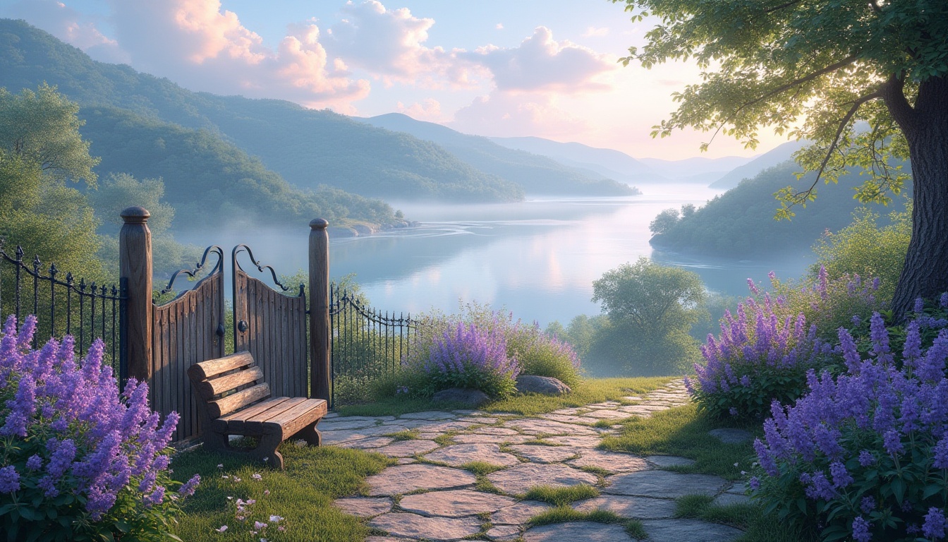 Prompt: Dreamy landscape, soft lavender blue skies, wispy white clouds, rolling hills, serene lake waters, misty morning atmosphere, lush greenery, vibrant purple flowers, delicate petals, rustic wooden fences, vintage metal gates, ornate stone pathways, whimsical garden benches, distressed wood textures, warm golden lighting, shallow depth of field, 1/1 composition, panoramic view, realistic water reflections.