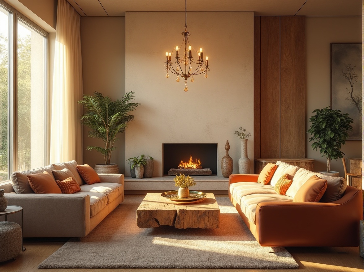 Prompt: Cozy living room, warm beige walls, plush velvet sofas, rustic wooden coffee tables, soft golden lighting, elegant chandeliers, rich brown leather armchairs, vibrant greenery, natural stone fireplaces, minimalist decor, calm ambiance, peaceful atmosphere, comfortable seating areas, floor-to-ceiling windows, sheer white curtains, gentle morning light, warm afternoon sunbeams, 1/2 composition, shallow depth of field, realistic textures.