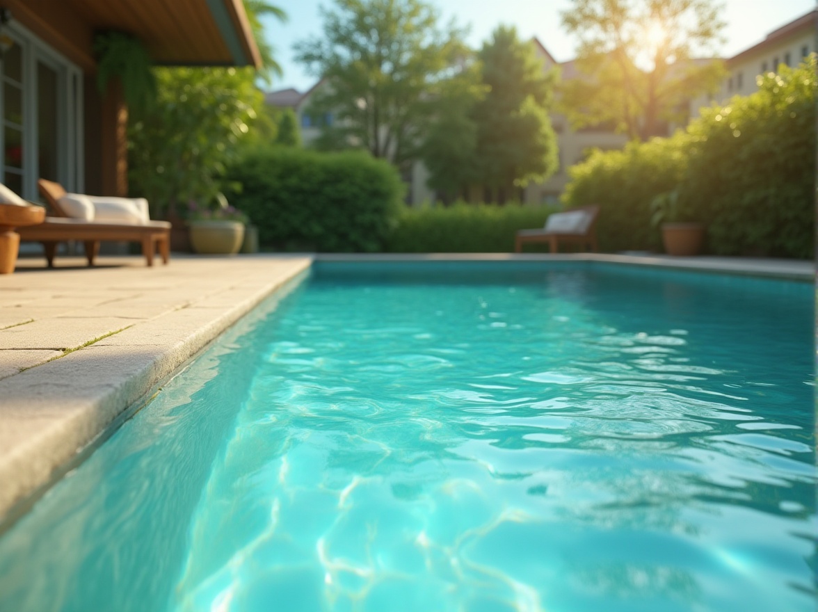 Prompt: Vibrant turquoise pool water, sleek modern coping, warm beige deck, lush greenery surroundings, sunny day, soft natural lighting, shallow depth of field, 3/4 composition, realistic textures, ambient occlusion, calming atmosphere, refreshing ambiance, inviting outdoor space.