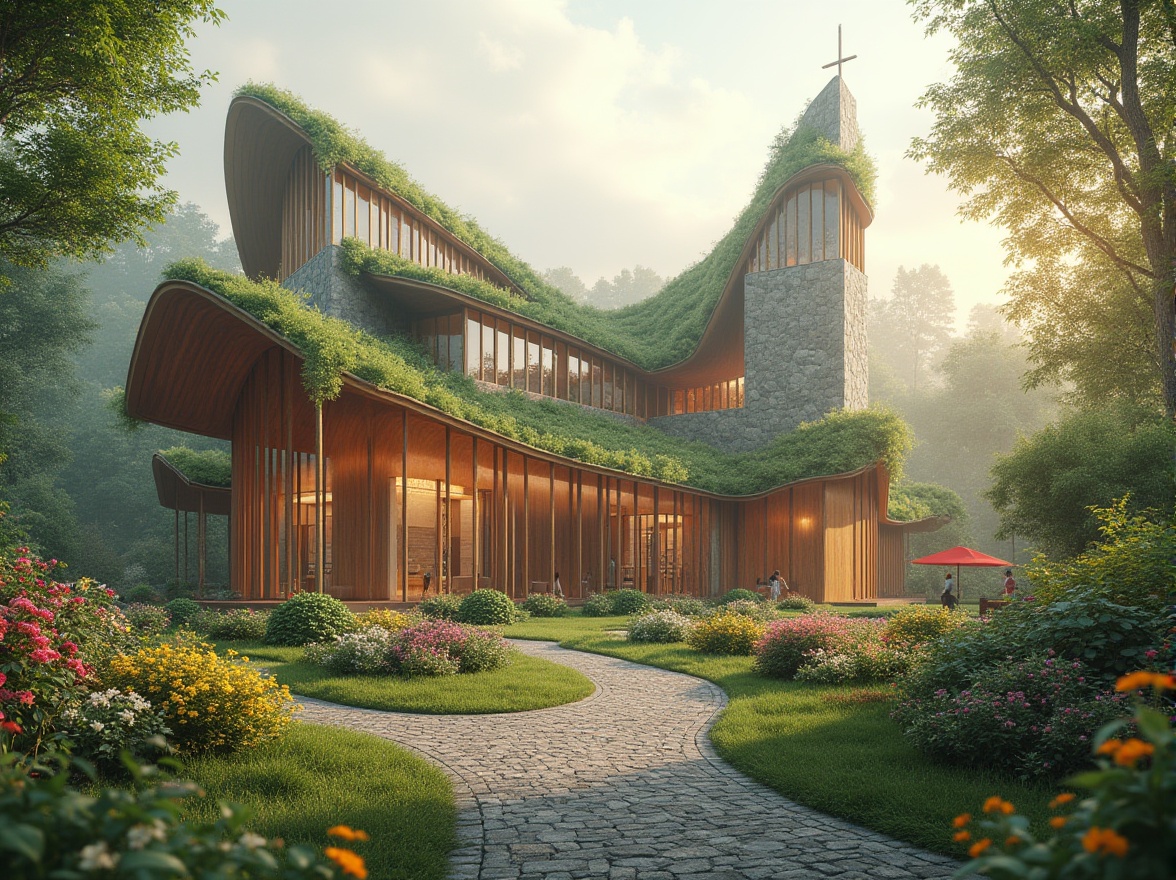 Prompt: Eco-friendly Blobitecture church, organic shapes, green roofs, solar panels, recycled materials, natural stone walls, stained glass windows, vibrant colorful textiles, intricate geometric patterns, minimalist interior design, ambient lighting, shallow depth of field, 1/1 composition, panoramic view, realistic textures, ambient occlusion, serene atmosphere, peaceful ambiance, lush vegetation, blooming flowers, misty morning light, soft warm glow.