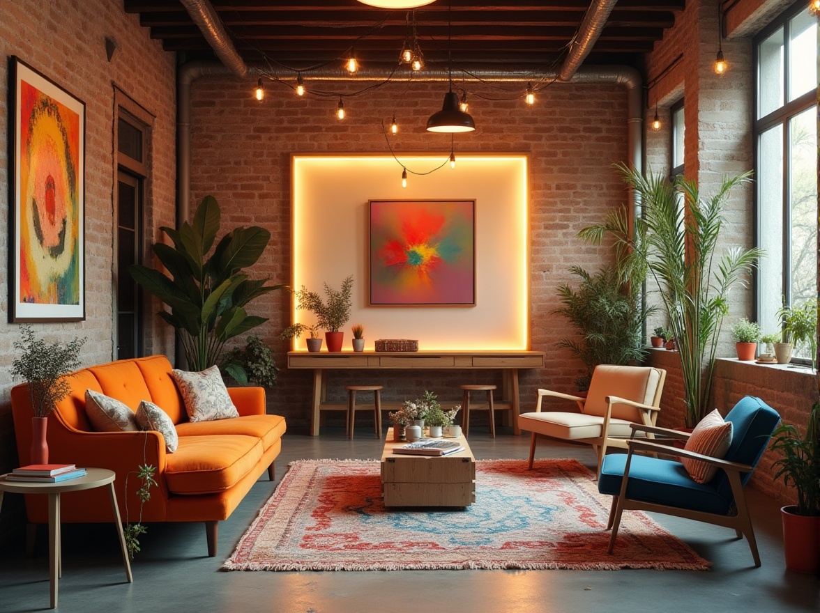 Prompt: Vibrant artistic studio, eclectic mix of modern furniture, bold colorful accents, abstract artwork, trendy industrial lighting, exposed brick walls, polished concrete floors, minimalist decor, natural textiles, earthy tones, pastel hues, neon signs, warm golden lighting, soft focus, shallow depth of field, 1/1 composition, realistic textures, ambient occlusion.