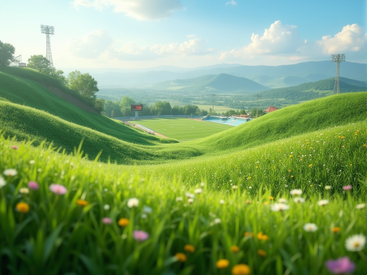 Prompt: Natural grassy terrain, rolling hills, scenic vistas, sports fields integration, athletic tracks, soccer goals, tennis courts, basketball hoops, baseball diamonds, rugby pitches, cricket grounds, stadium seating, scoreboard displays, vibrant greenery, blooming wildflowers, sunny day, soft warm lighting, shallow depth of field, 3/4 composition, panoramic view, realistic textures, ambient occlusion.