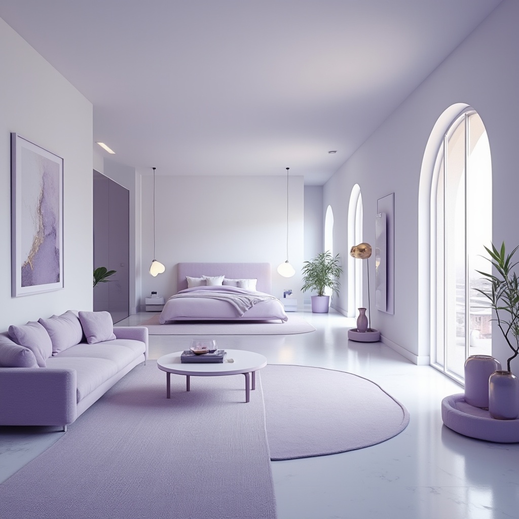 Prompt: Soft periwinkle hues, calming atmosphere, gentle curves, minimalist design, modern architecture, sleek lines, subtle textures, natural light, airy spaces, open floor plans, monochromatic color scheme, soft furnishings, velvet fabrics, metallic accents, geometric patterns, abstract art pieces, statement lighting fixtures, floor-to-ceiling windows, panoramic views, shallow depth of field, 1/1 composition, realistic renderings, ambient occlusion.