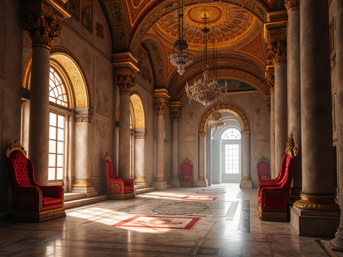 Prompt: Intricate mosaics, golden domes, ornate columns, carved stone capitals, grand archways, vibrant frescoes, luxurious marble floors, ornamental metalwork, regal thrones, lavish chandeliers, rich textiles, crimson red accents, Byzantine patterns, intricate geometric motifs, soft warm lighting, dramatic shadows, 3/4 composition, realistic textures, ambient occlusion.