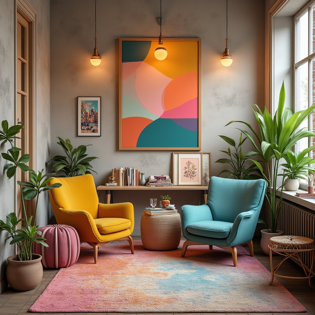 Prompt: Vibrant art studio, eclectic furniture, abstract artwork, bold color blocks, gradient textures, pastel hues, metallic accents, rich wood tones, natural fabrics, cozy atmosphere, softbox lighting, 3/4 composition, shallow depth of field, realistic renderings, ambient occlusion.