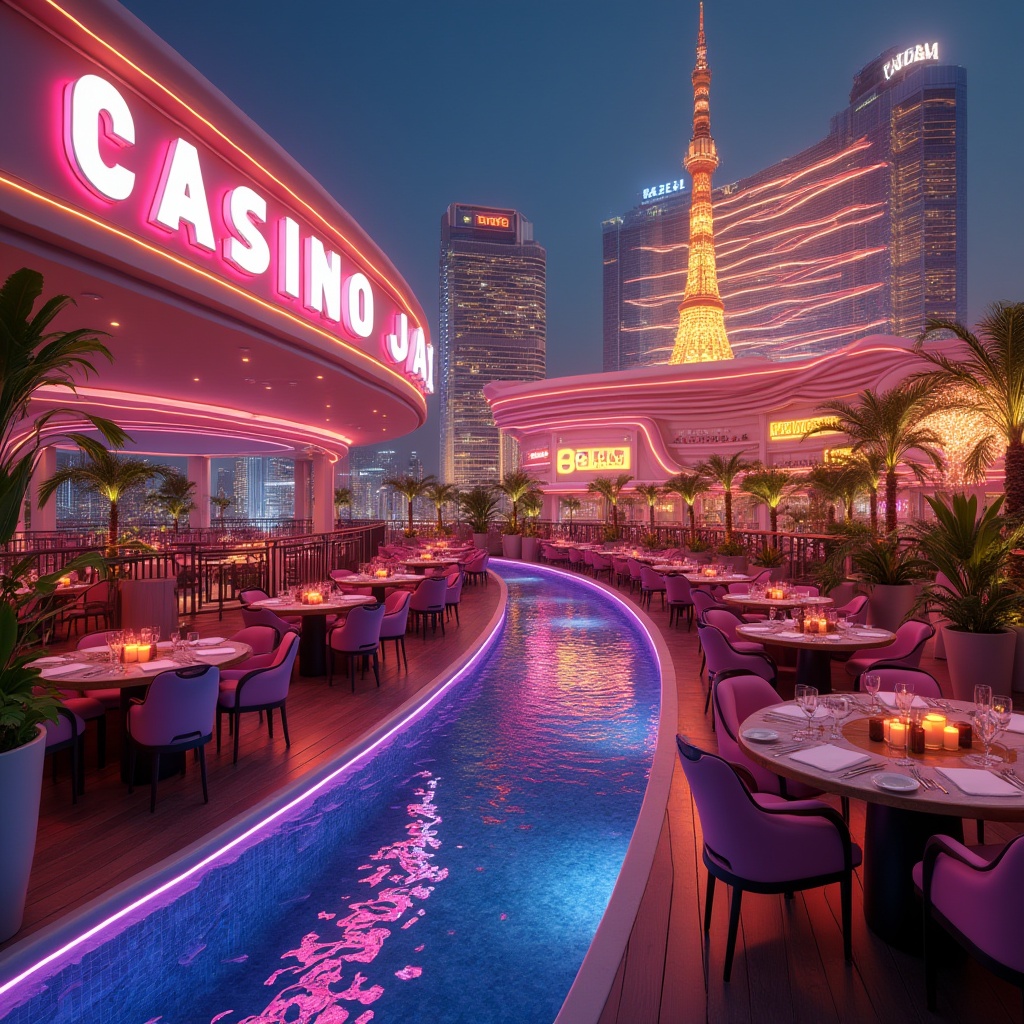 Prompt: Vibrant casino rooftop, curved sleek lines, neon lights, flashy signage, luxurious lounge seating, glamorous chandeliers, lavish decorations, VIP areas, private cabanas, infinity pools, stunning city views, warm golden lighting, shallow depth of field, 1/1 composition, panoramic view, realistic reflections, ambient occlusion, futuristic materials, metallic accents, bold geometric patterns.