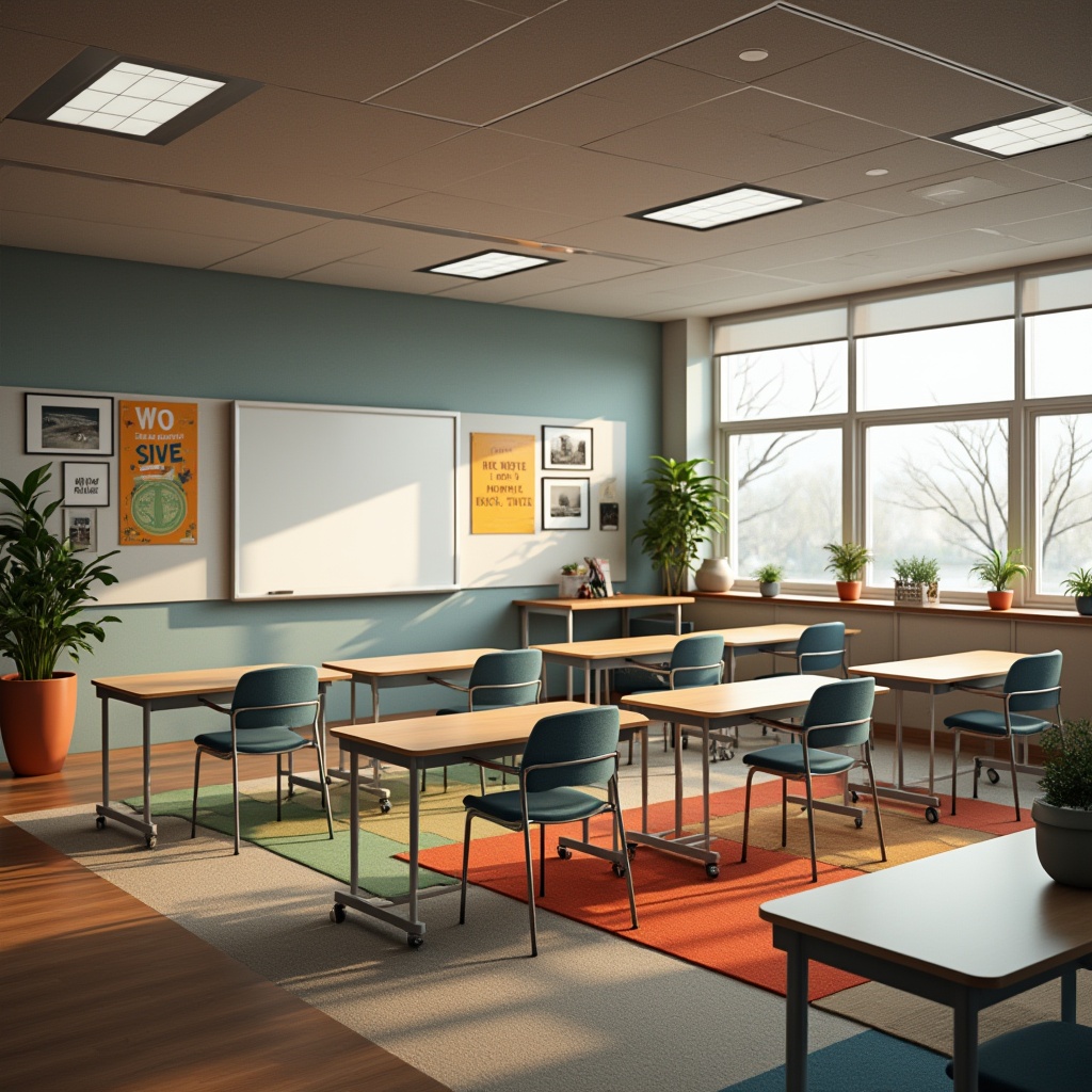 Prompt: Modern classroom interior, flexible seating arrangements, collaborative workstations, interactive whiteboards, ergonomic chairs, plenty of natural light, airy atmosphere, minimal clutter, inspirational quotes, educational posters, colorful rugs, acoustic panels, soft warm lighting, 1/1 composition, shallow depth of field, realistic textures, ambient occlusion.