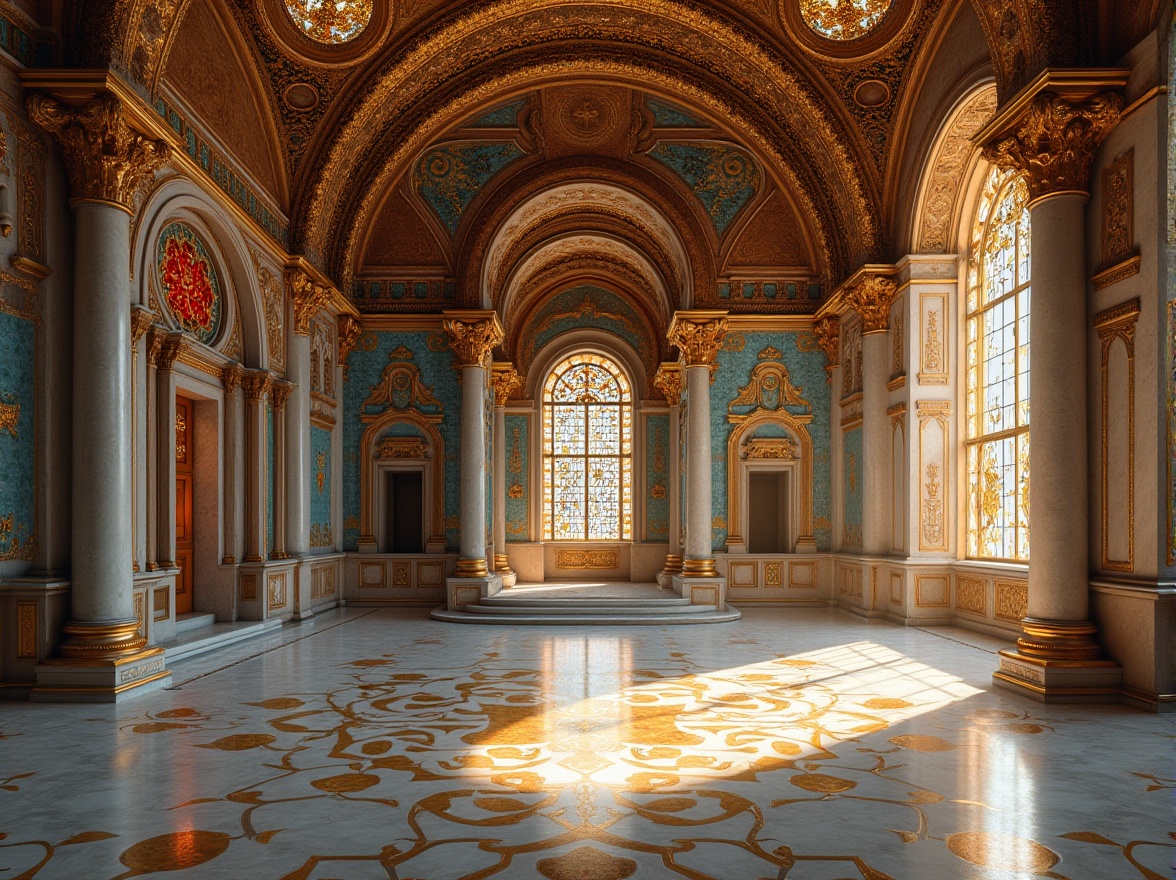 Prompt: Intricate mosaics, gold leaf accents, vibrant glass tiles, ornate patterns, Byzantine-inspired designs, luxurious textures, rich colors, marble floors, grand architecture, high ceilings, ornate columns, intricate arches, stained glass windows, soft warm lighting, shallow depth of field, 3/4 composition, realistic reflections, ambient occlusion.