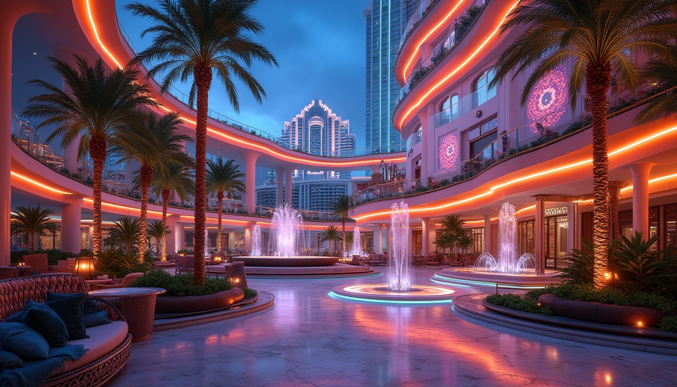 Prompt: Vibrant casino rooftop, undulating curves, dynamic LED lights, metallic accents, luxurious lounge seating, exotic palms, tropical plants, curved glass railings, lavish water features, grand fountain displays, polished marble flooring, intricate mosaic patterns, shimmering chandeliers, warm ambient lighting, soft focus blur, 1/1 composition, dramatic low-angle shot, realistic reflections, detailed textures.