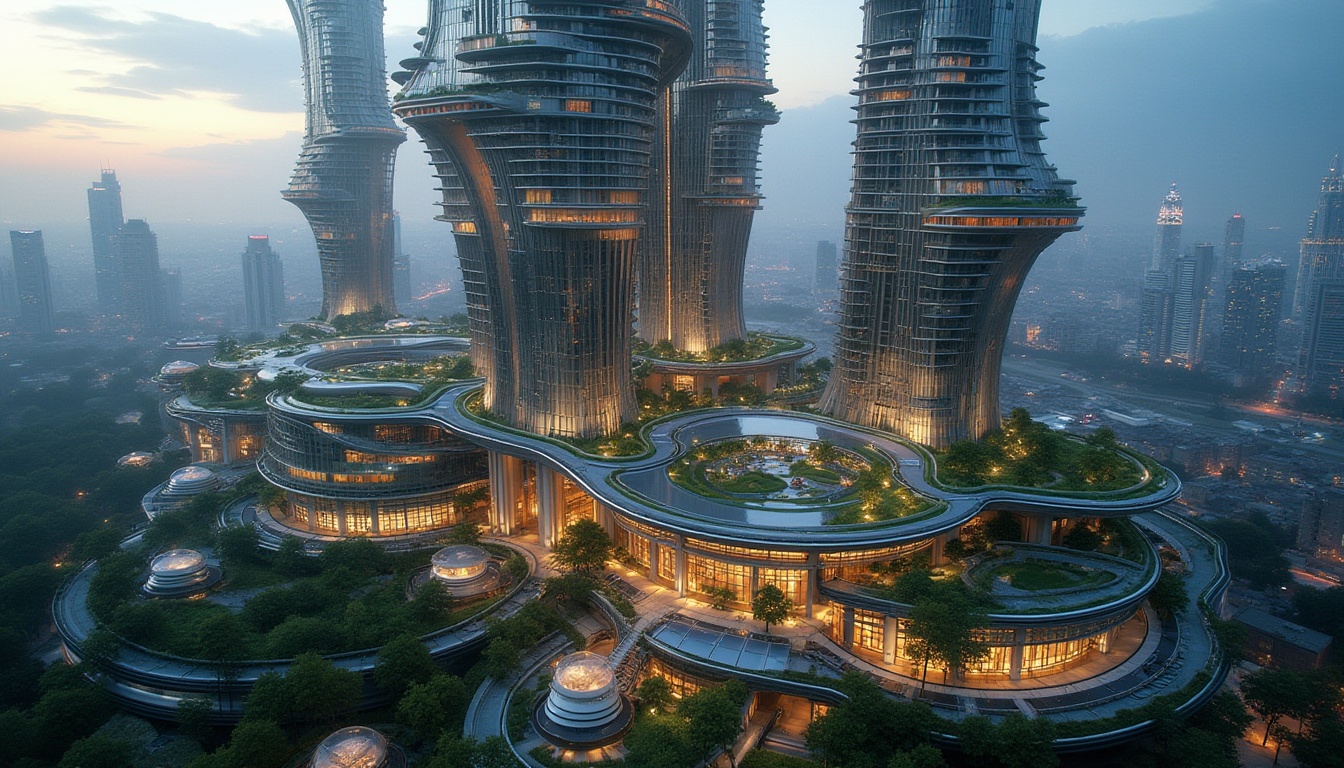 Prompt: Futuristic skyscraper, fusion architecture, gleaming metallic fa\u00e7ade, verdant green roofs, solar panels, wind turbines, water conservation systems, eco-friendly materials, innovative cooling technologies, shaded outdoor spaces, misting systems, cantilevered structures, curved lines, minimalist design, high-rise residential units, luxurious amenities, panoramic city views, dramatic nighttime lighting, 3/4 composition, shallow depth of field, realistic textures, ambient occlusion.