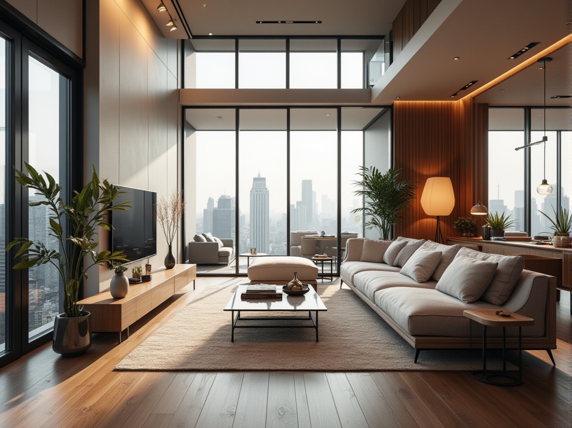 Prompt: Modern living room, sleek wooden flooring, comfortable sofas, minimalist coffee table, floor-to-ceiling windows, natural light pouring in, urban city view, calm atmosphere, soft warm lighting, 1/1 composition, shallow depth of field, realistic textures, ambient occlusion, functional storage spaces, optimized furniture arrangement, ample legroom, ergonomic seating, acoustic soundproofing, intelligent smart home systems, hidden LED lights, subtle color scheme, luxurious textiles, metallic accents.