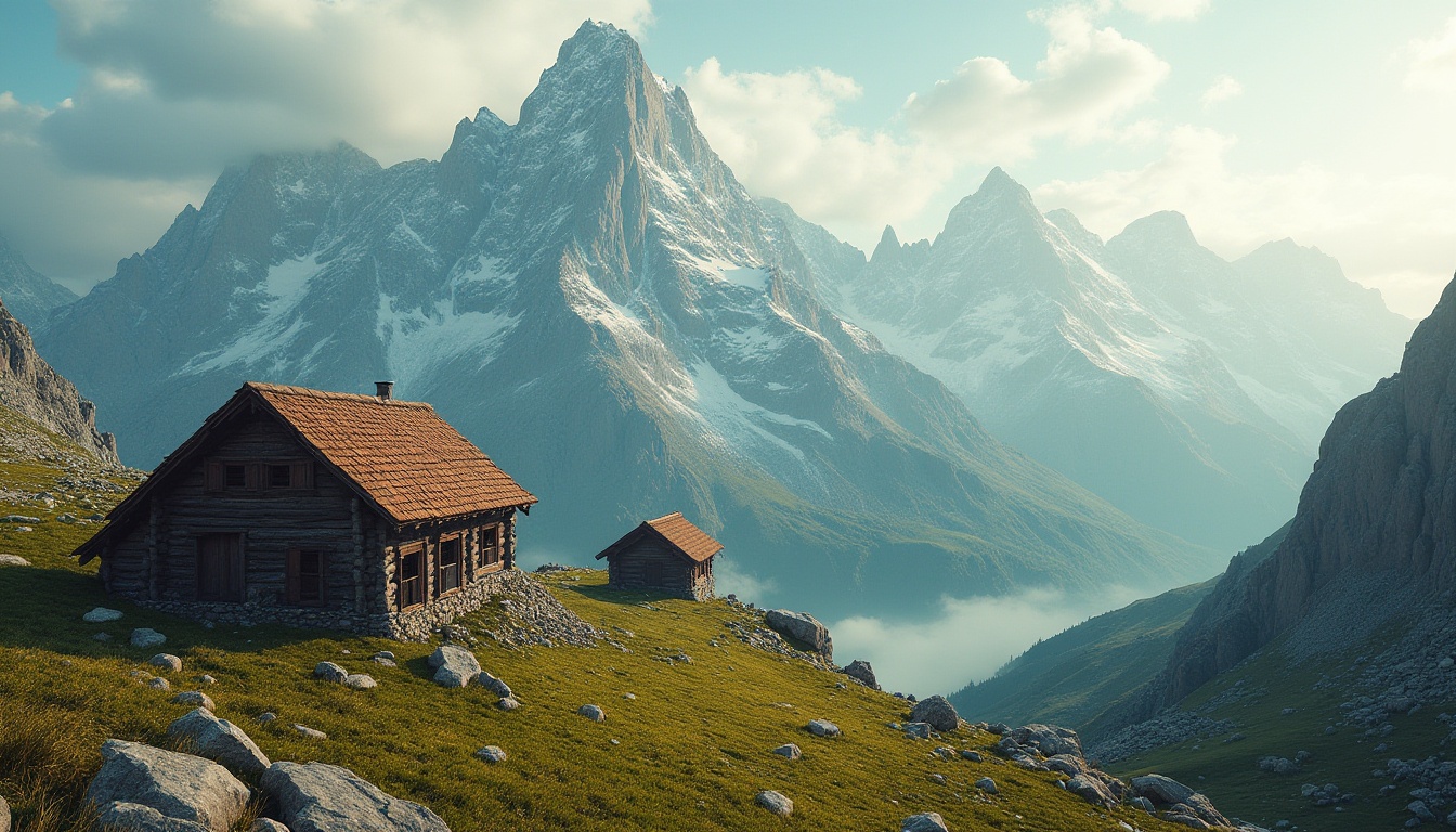 Prompt: Rugged mountain peaks, snow-capped summits, rustic wooden cabins, earthy stone foundations, natural rock formations, verdant alpine meadows, misty atmospheric conditions, warm golden lighting, soft focus effects, 1/2 composition, aerial perspective, realistic mountain textures, ambient occlusion, vibrant turquoise accents, earthy brown tones, creamy whites, rich charcoal grays, bold geometric patterns, natural wood grain textures.