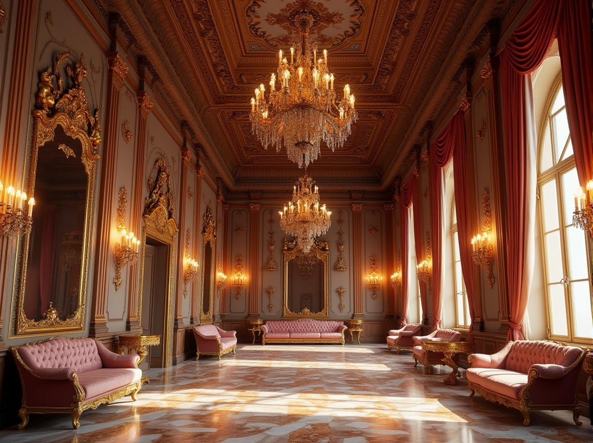 Prompt: Ornate palace, grandiose high ceilings, intricately carved wooden panels, lavish chandeliers, rich velvet fabrics, gilded mirrors, ornamental moldings, marble floors, luxurious furnishings, dramatic drapery, opulent textiles, regal color palette, soft warm lighting, shallow depth of field, 1/1 composition, realistic textures, ambient occlusion.