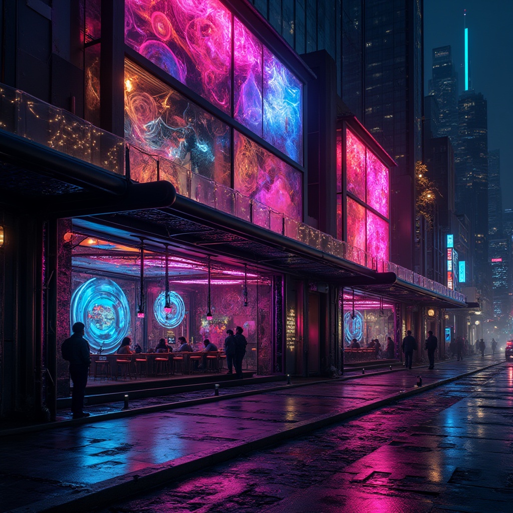 Prompt: Neon-lit nightclub facade, bold geometric shapes, vibrant LED lights, futuristic metallic materials, abstract expressionist patterns, dynamic 3D structures, mesmerizing light installations, strobe-like effects, glossy black surfaces, iridescent glass finishes, holographic projections, urban cityscape background, nighttime atmosphere, shallow depth of field, dramatic shadows, high-contrast lighting, abstract art-inspired textures, futuristic sci-fi elements, avant-garde architectural details.