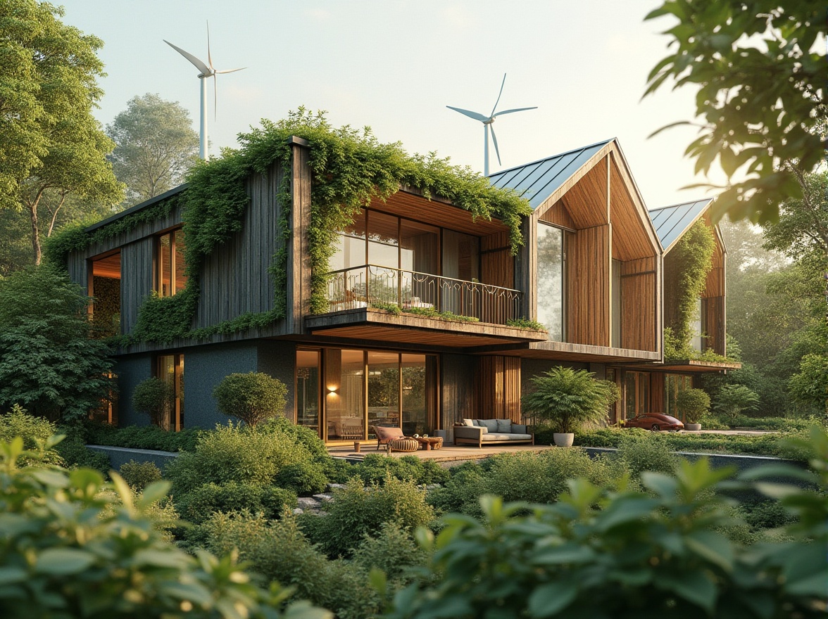 Prompt: Eco-friendly modern building, reclaimed wood accents, living green walls, solar panels, wind turbines, rainwater harvesting systems, grey water reuse, low-carbon concrete foundations, FSC-certified wooden structures, bamboo flooring, recycled metal cladding, thermal insulation, double-glazed windows, natural ventilation systems, organic gardens, lush greenery, serene atmosphere, soft warm lighting, shallow depth of field, 3/4 composition, panoramic view, realistic textures, ambient occlusion.