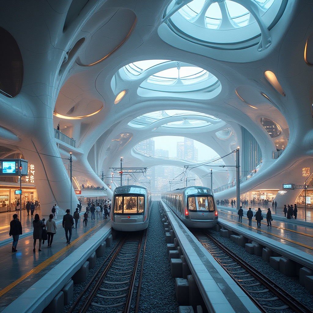 Prompt: Futuristic train station, dynamic curvature, gleaming metallic surfaces, LED light installations, kinetic architecture, cantilevered roofs, spacious atriums, transparent glass facades, minimalist columns, high-tech materials, sustainable energy systems, solar panels, wind turbines, green roofs, eco-friendly infrastructure, modern urban landscape, bustling city streets, busy commuters, vibrant advertisements, neon lights, shallow depth of field, 1/1 composition, realistic textures, ambient occlusion.