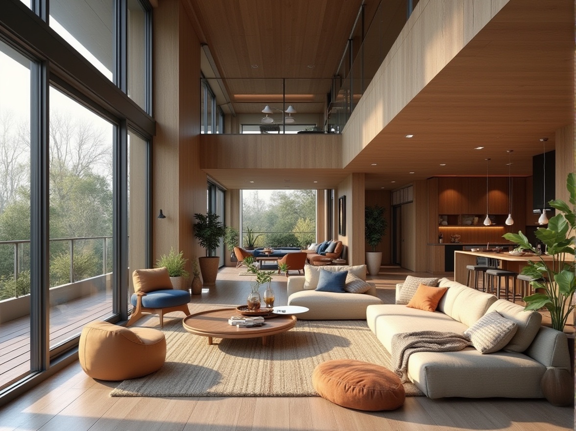 Prompt: Modern interior design, open-plan living space, minimalist decor, sleek lines, functional zoning, efficient circulation paths, cozy reading nooks, floor-to-ceiling windows, natural light pouring in, comfortable seating areas, warm earthy tones, soft textiles, wooden accents, geometric patterns, subtle color contrasts, ambient lighting, 1/1 composition, shallow depth of field, realistic renderings.