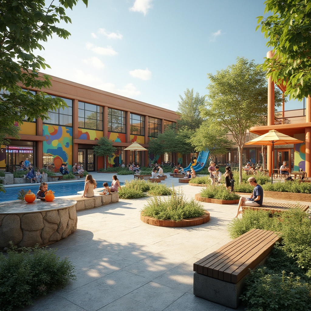 Prompt: Vibrant youth center, playful outdoor spaces, dynamic recreational areas, modern playground equipment, interactive water features, colorful mural walls, educational gardens, diverse plant species, natural stone seating, wooden decks, eco-friendly materials, sustainable irrigation systems, shaded walkways, soft warm lighting, 3/4 composition, panoramic view, realistic textures, ambient occlusion.