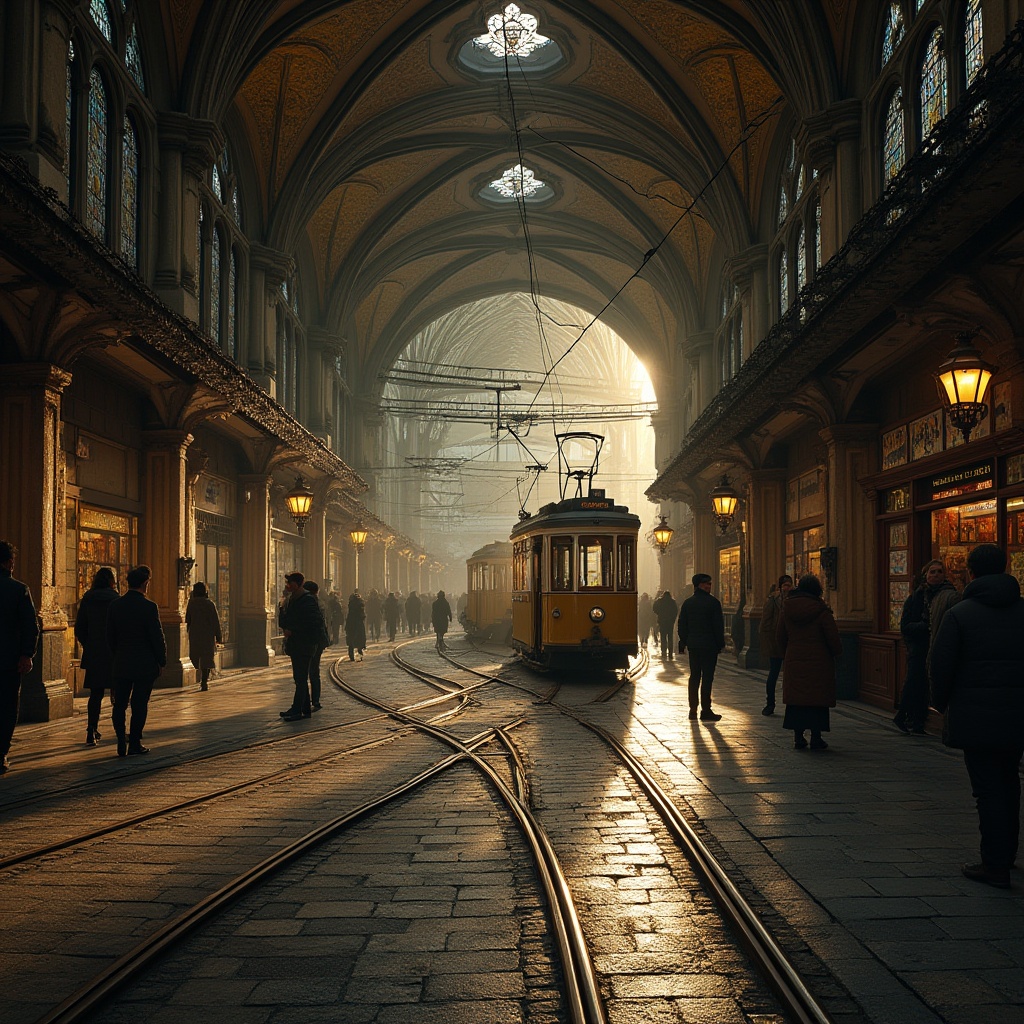 Prompt: Intricate tram station, Gothic arches, ribbed vaults, flying buttresses, stained glass windows, ornate stone carvings, grandiose entrance halls, dramatic lighting effects, mystical atmosphere, industrial materials, metallic beams, exposed brick walls, urban surroundings, busy streets, morning commute, warm golden light, shallow depth of field, 2/3 composition, cinematic angle, realistic textures, ambient occlusion.