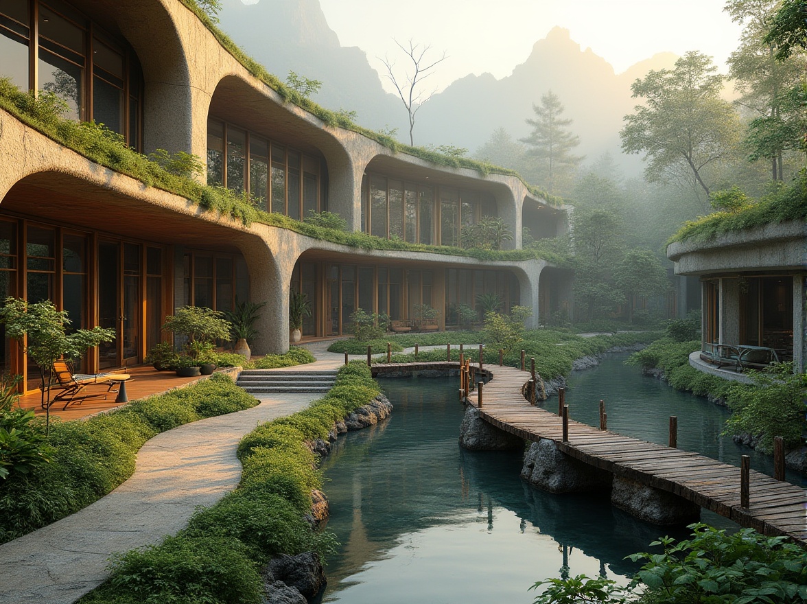 Prompt: Harmonious building facade, curved lines, organic shapes, natural stone walls, lush green roofs, verdant gardens, serene water features, reflecting pools, walking trails, meandering paths, rustic wooden bridges, weathered metal accents, earthy color palette, soft misty atmosphere, warm golden lighting, shallow depth of field, 3/4 composition, panoramic view, realistic textures, ambient occlusion.