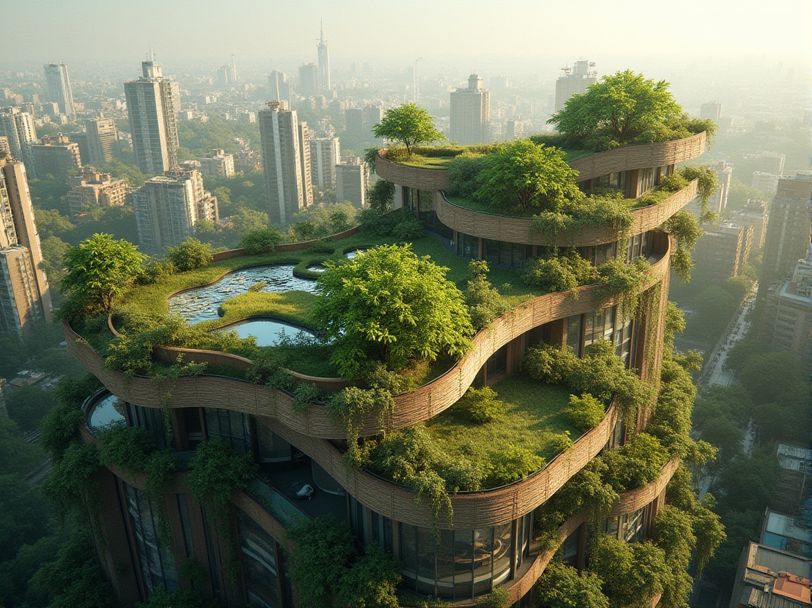 Prompt: Eco-friendly buildings, green roofs, solar panels, wind turbines, rainwater harvesting systems, recycled materials, low-carbon footprint, energy-efficient systems, natural ventilation, large windows, minimal shading devices, optimized building orientation, passive design strategies, sustainable urban planning, vibrant green walls, lush rooftop gardens, organic forms, curved lines, earthy color palette, warm natural lighting, soft shadows, 3/4 composition, realistic textures, ambient occlusion.