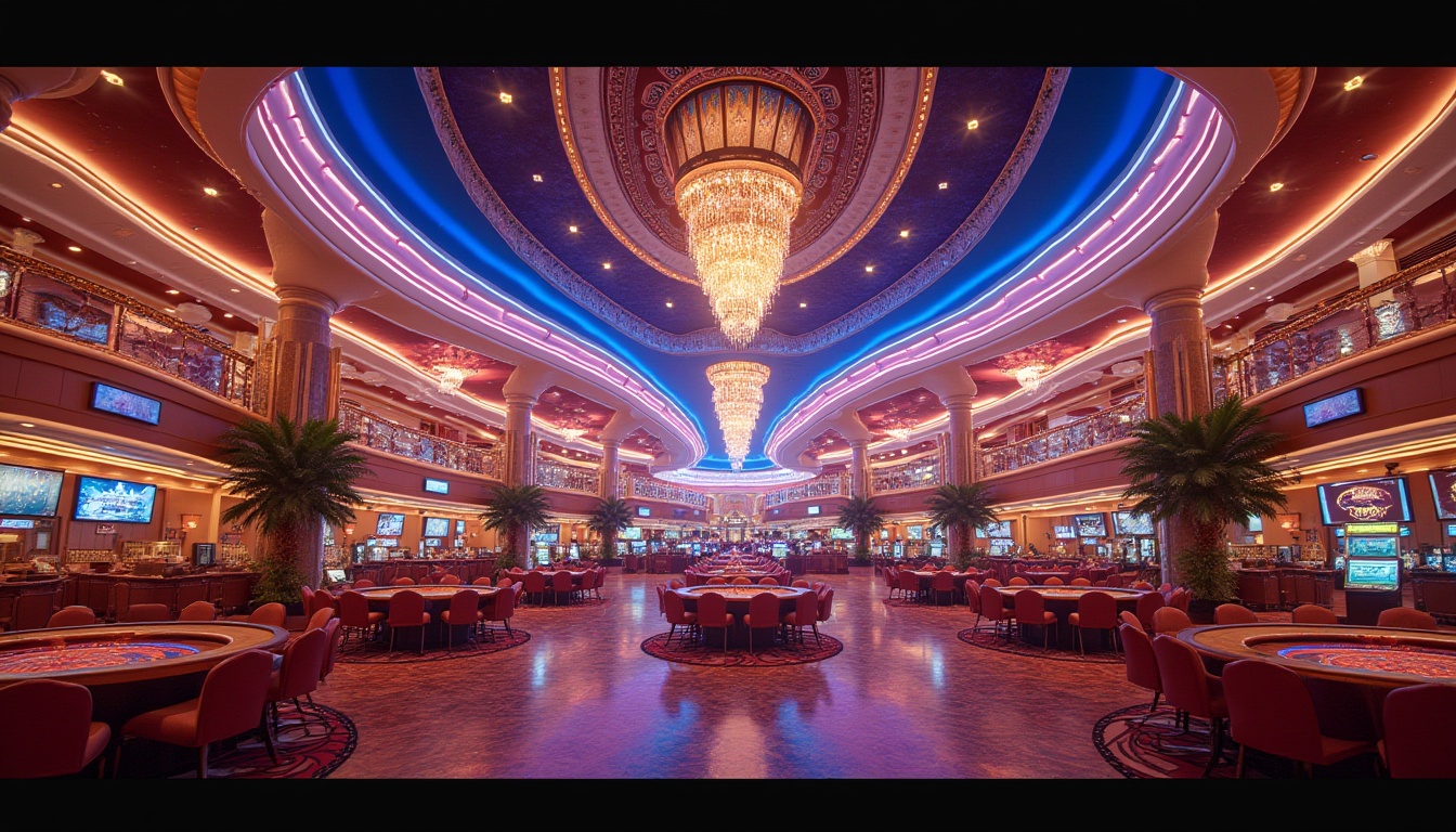 Prompt: Vibrant casino facade, curved rooflines, neon lights, LED displays, bold architectural accents, luxurious interior decor, high-stakes gaming atmosphere, lavish chandeliers, ornate detailing, grand entranceways, sweeping staircases, opulent furnishings, rich wood tones, velvety carpets, ambient lighting effects, dramatic ceiling heights, panoramic views, 1/2 composition, low-angle shot, cinematic mood, realistic reflections.