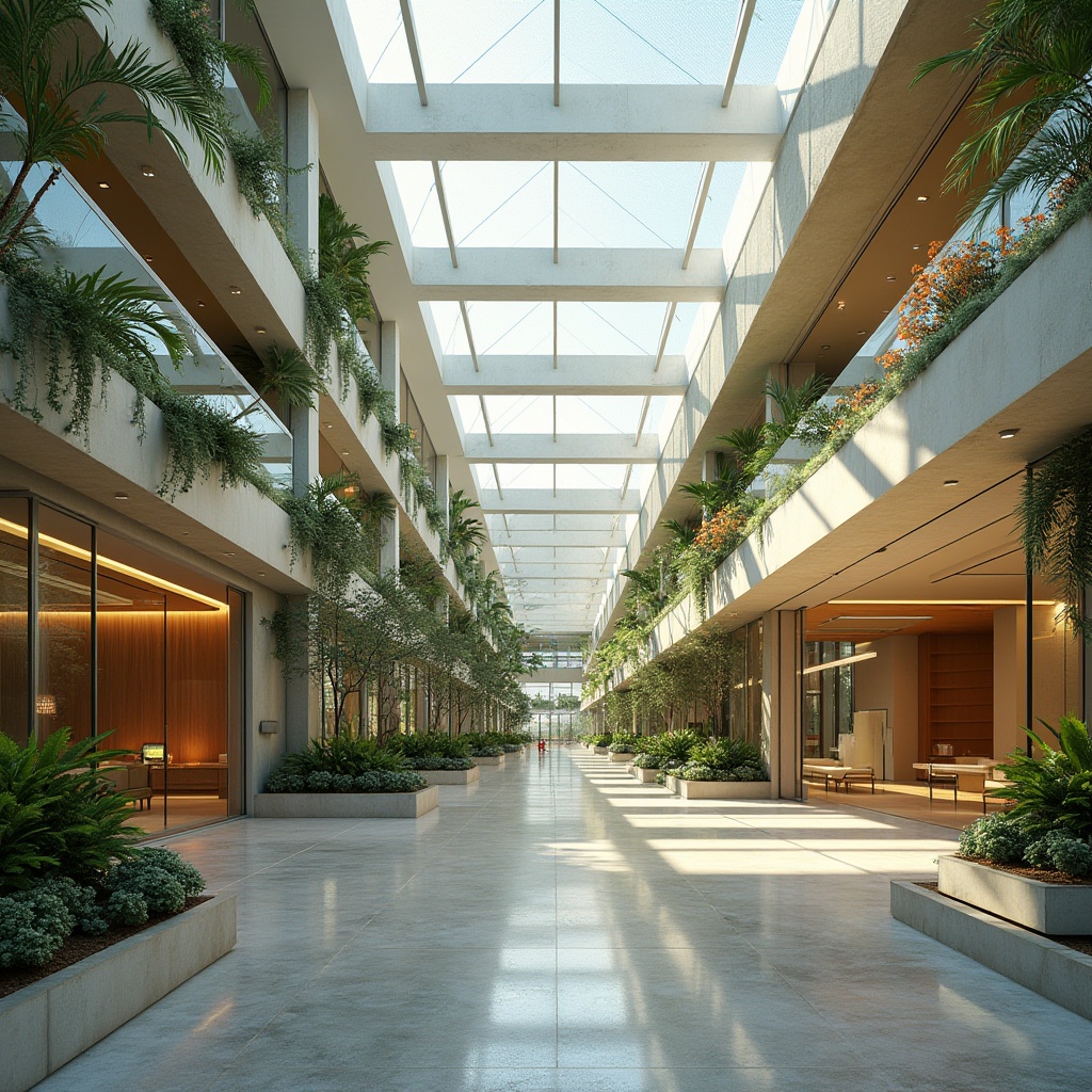 Prompt: Vibrant atrium, abundant skylights, clerestory windows, transparent roof panels, reflective interior surfaces, minimalist decor, sleek modern architecture, spacious open floor plans, floor-to-ceiling glass walls, sliding glass doors, lush greenery, blooming flowers, natural stone floors, warm wood accents, soft diffused lighting, gentle shadows, 1/1 composition, shallow depth of field, realistic textures, ambient occlusion.