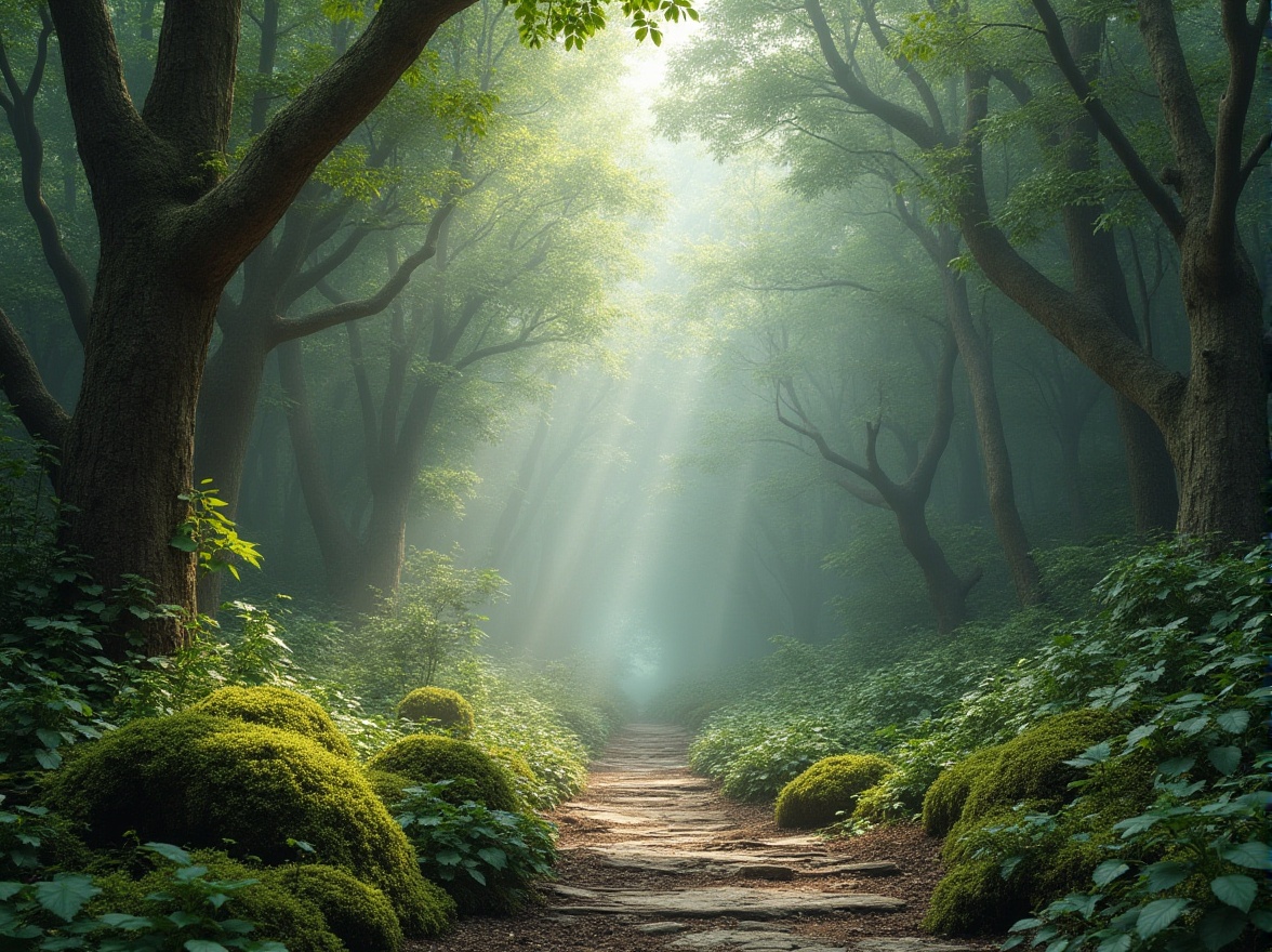 Prompt: Earth-toned forest, mossy greens, weathered wood, natural stone, misty atmosphere, soft diffused lighting, serene ambiance, organic forms, botanical patterns, subtle texture overlays, warm beige tones, sky blue accents, gentle color transitions, harmonious color balance, 1/1 composition, realistic foliage renderings.