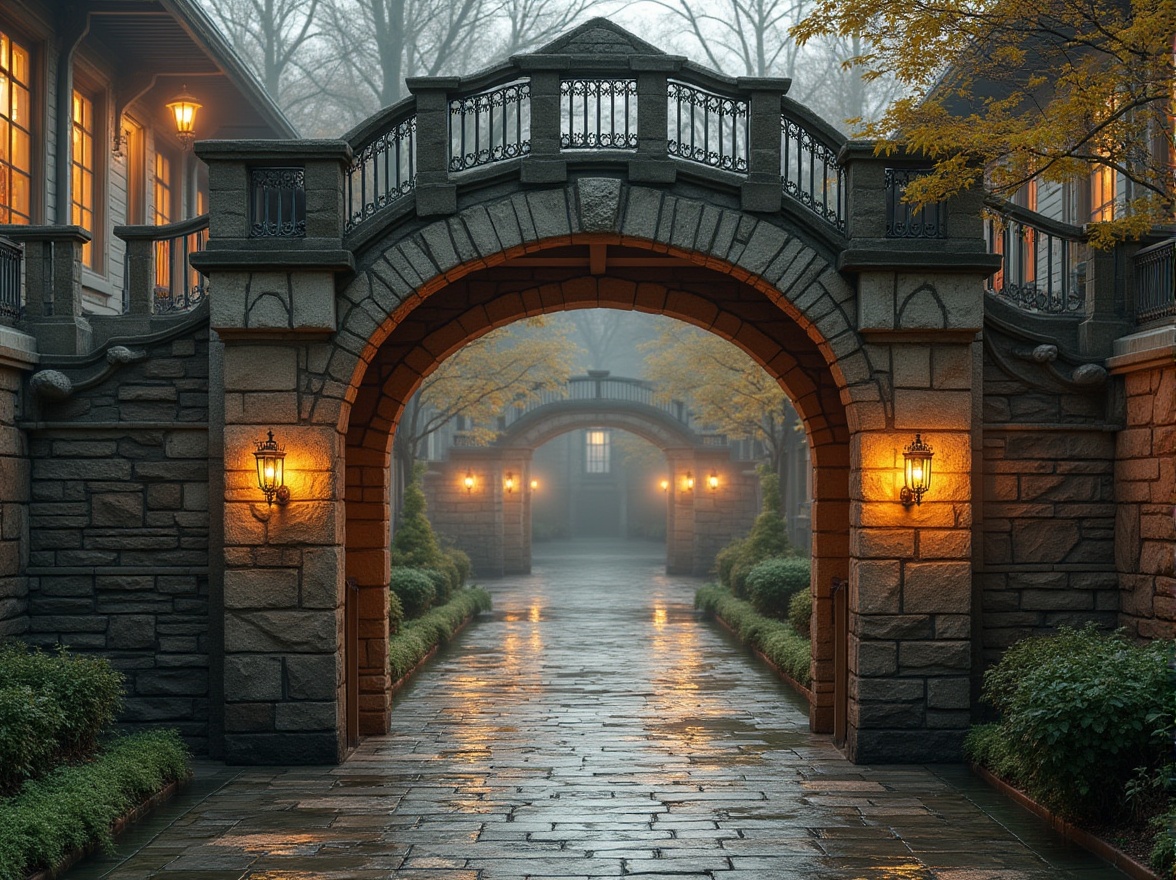 Prompt: Rustic stone bridge, arched structure, ornate metal railings, academic institutional architecture, grand entrance, symmetrical composition, harmonious proportions, elegant lighting fixtures, weathered wooden accents, natural stone paving, serene water reflections, lush greenery surroundings, misty morning atmosphere, soft warm light, shallow depth of field, 2/3 composition, realistic textures, ambient occlusion.