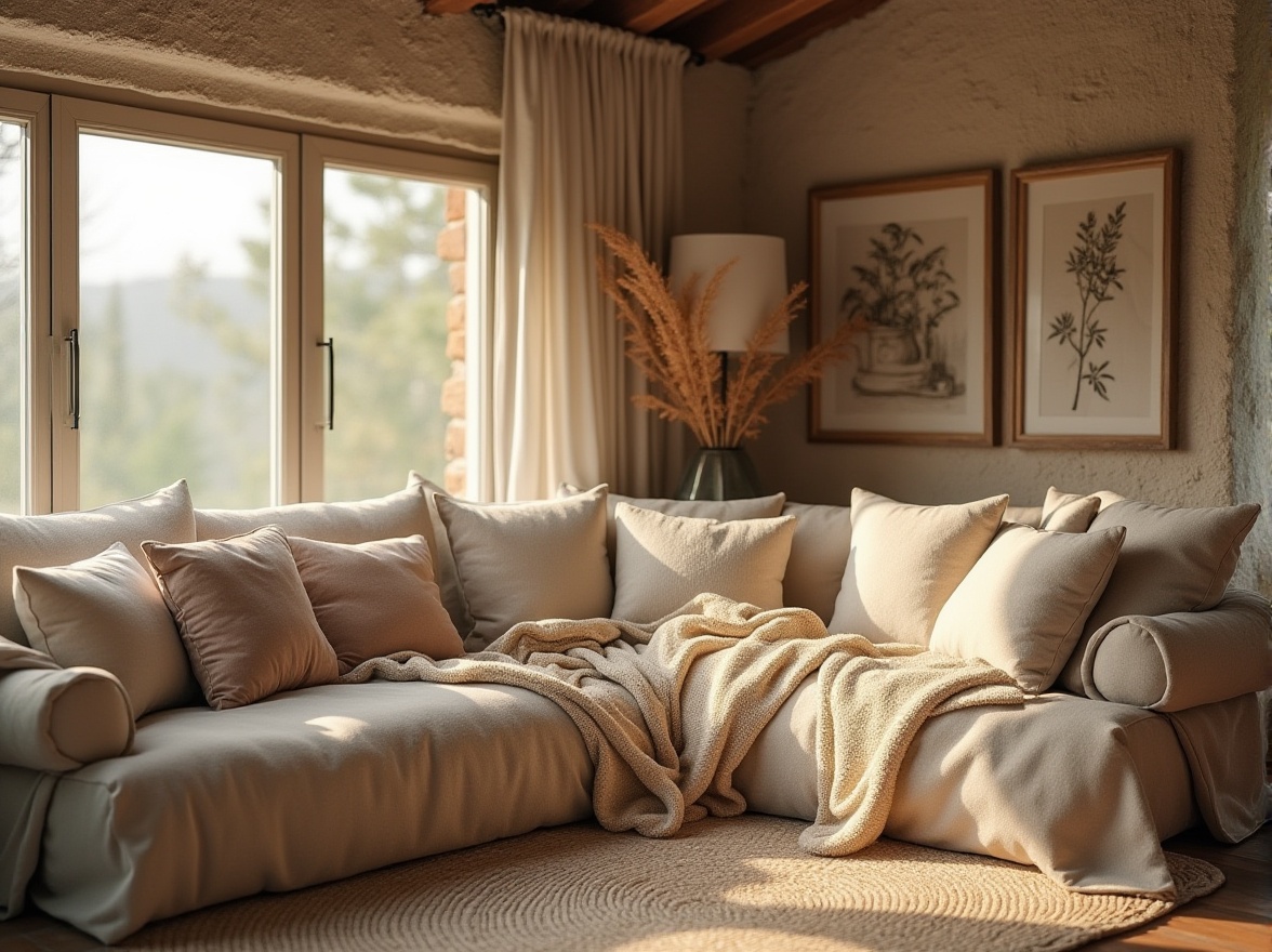 Prompt: Cozy living room, plush throw pillows, velvet sofas, soft cotton blankets, natural linen fabrics, woven jute rugs, warm beige colors, earthy tones, rustic wooden accents, ambient lighting, 1/1 composition, shallow depth of field, soft focus, realistic textures.