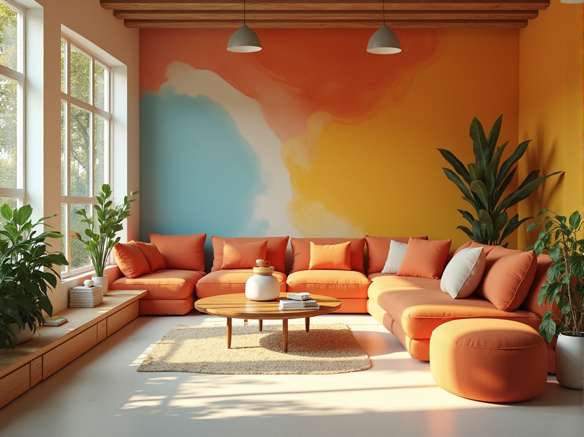 Prompt: Vibrant motivational space, bold orange accents, creamy white backgrounds, deep blue inspirations, energizing yellow highlights, rich green foliage, natural wood textures, modern minimalist furniture, ample sunlight, soft warm glow, shallow depth of field, 1/1 composition, realistic renderings, ambient occlusion.