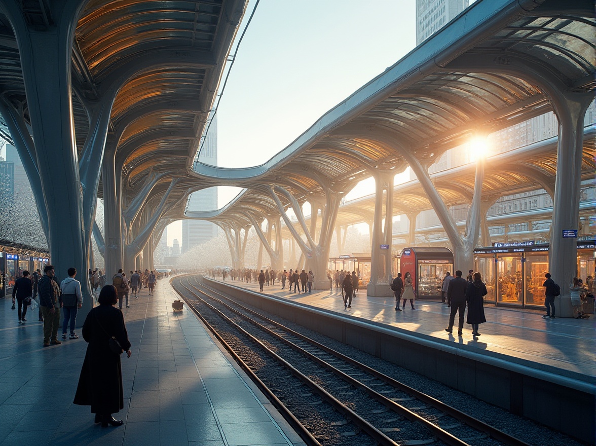 Prompt: Futuristic train station, dynamic curved lines, gleaming metallic surfaces, transparent glass roofs, cantilevered canopies, LED lighting systems, modern minimalist architecture, sleek angular columns, stainless steel finishes, urban cityscape, bustling crowd scenes, early morning misty atmosphere, warm golden lighting, shallow depth of field, 1/1 composition, realistic reflections, ambient occlusion, vibrant neon signs, abstract geometric patterns.