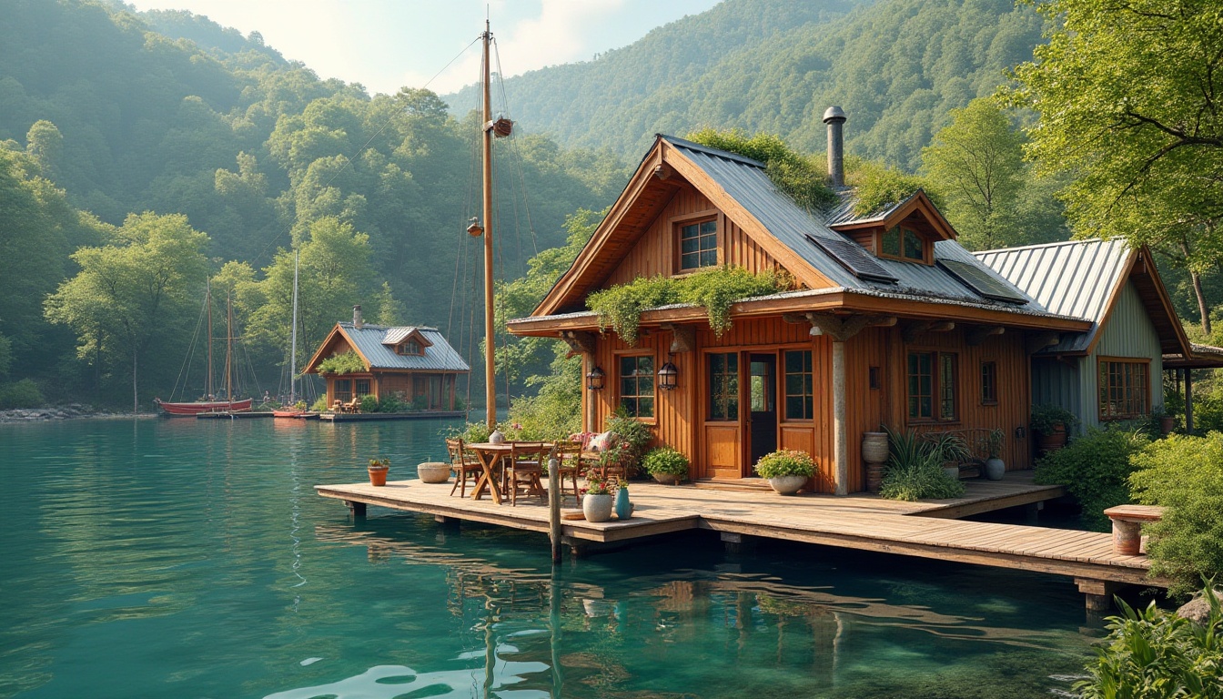 Prompt: Whimsical boathouse, eclectic architecture, natural lake surroundings, lush greenery, wooden docks, vibrant nautical colors, sailboat-inspired design, reclaimed wood accents, corrugated metal roofs, solar panels, wind turbines, rainwater harvesting systems, living walls, eco-friendly materials, organic textures, warm cozy lighting, shallow depth of field, 1/1 composition, rustic-chic interior, vintage nautical decorations, distressed wood finishes.