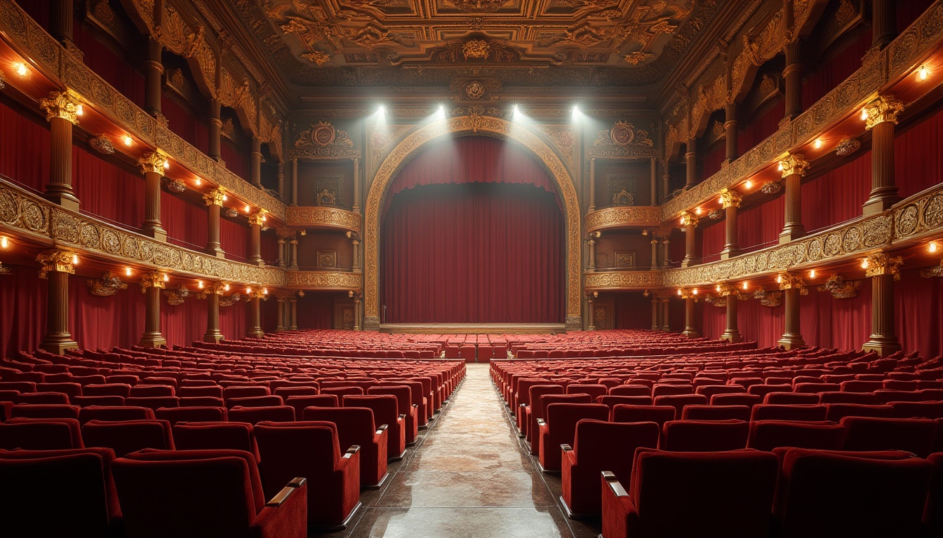 Prompt: Renaissance-style amphitheater, grandiose architecture, ornate details, curved seating rows, comfortable velvet chairs, golden accents, intricate carvings, marble flooring, majestic stage, red curtains, dramatic spotlights, warm soft lighting, shallow depth of field, 1/2 composition, symmetrical framing, realistic textures, ambient occlusion.