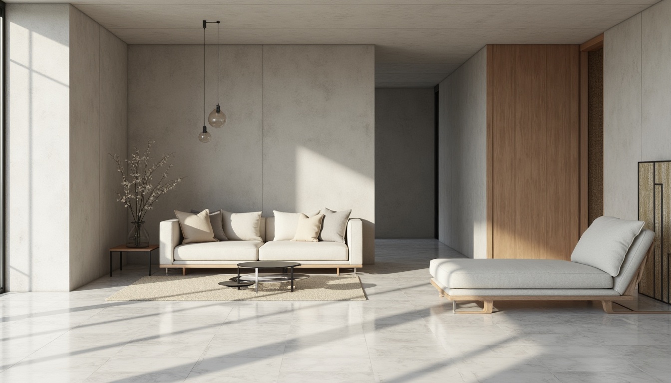 Prompt: Monochromatic minimalist interior, smooth concrete walls, polished marble floors, matte black metal frames, oak wood accents, soft beige upholstery, natural linen fabrics, subtle texture variations, ambient indirect lighting, 1/1 composition, shallow depth of field, soft focus blur, realistic material textures, ambient occlusion.