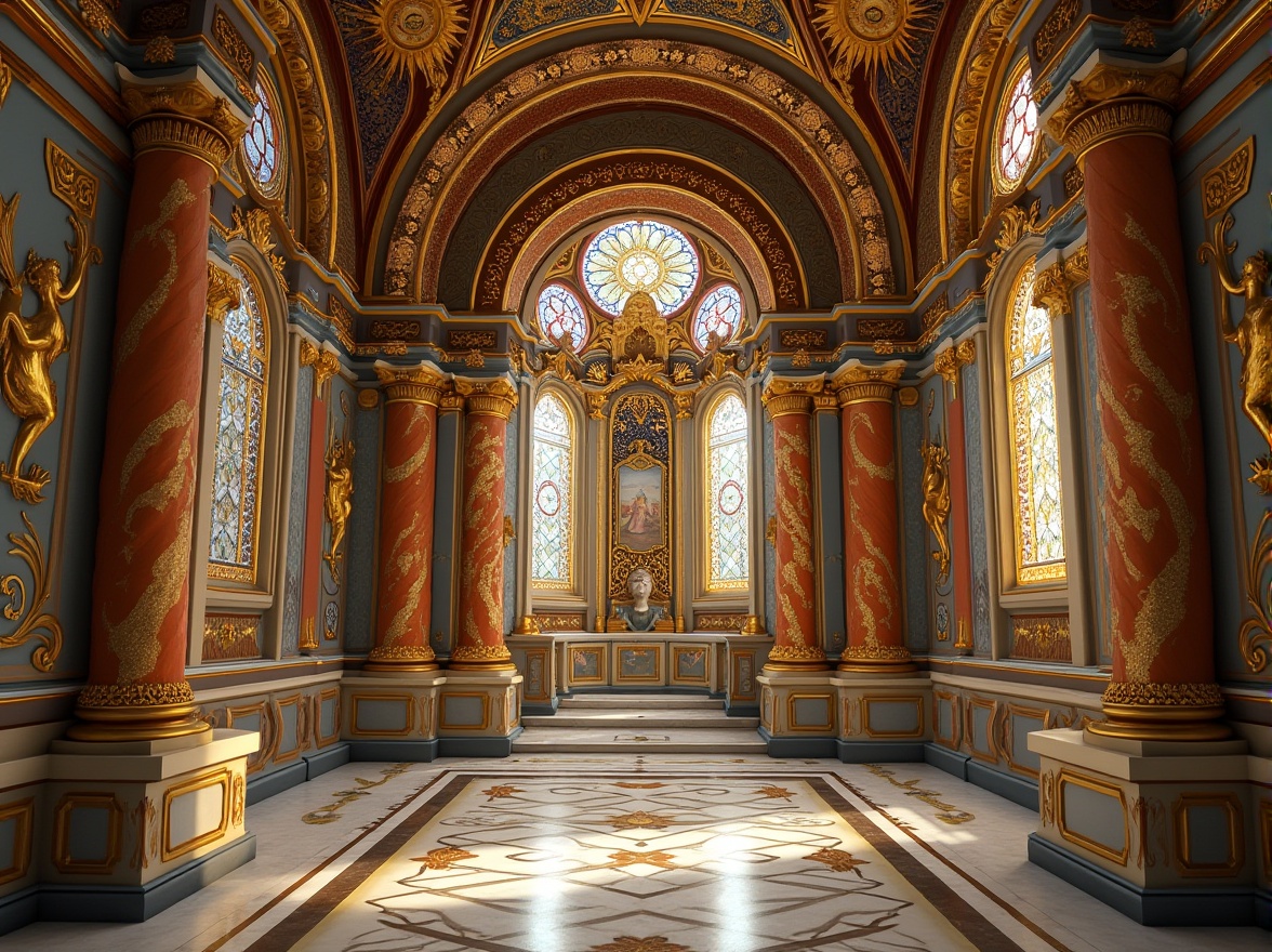 Prompt: Intricate mosaics, golden tesserae, vibrant glass tiles, ornate patterns, Byzantine architecture, grand cathedrals, lavish decorations, rich textures, warm lighting, shallow depth of field, 1/2 composition, symmetrical balance, ornate frames, detailed icons, Christian symbolism, luxurious materials, marble floors, stone columns, arches, domes, intricate geometry, realistic reflections, ambient occlusion.