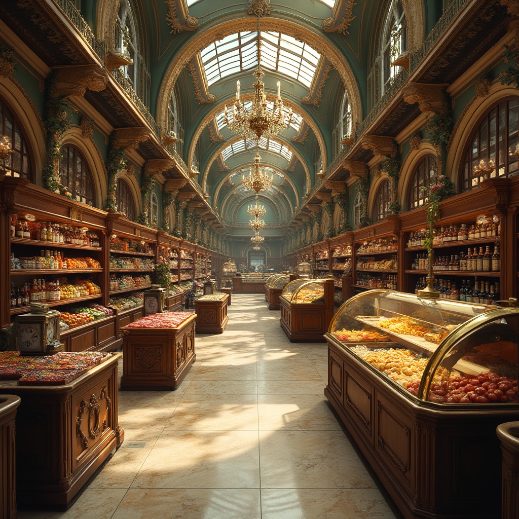 Prompt: Elegant grocery store, lavish ornateness, curved Art Nouveau lines, organic botanical motifs, intricate ironwork, stained glass ceilings, marble floors, polished wooden shelves, vintage cash registers, antique scales, ornate chandeliers, warm golden lighting, soft focus, shallow depth of field, 1/2 composition, realistic textures, ambient occlusion.