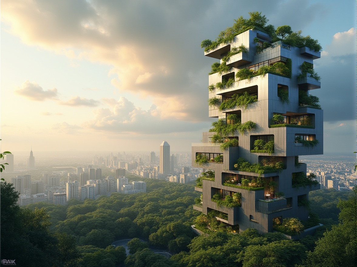 Prompt: Eco-friendly skyscraper, fusion architecture, sleek metallic fa\u00e7ade, vibrant green walls, lush rooftop gardens, solar panels, wind turbines, rainwater harvesting systems, grey water reuse, natural ventilation, double-glazed windows, recycled materials, minimalist interior design, energy-efficient systems, LED lighting, occupancy sensors, smart building technologies, futuristic aesthetic, angular lines, geometric shapes, urban jungle, bustling cityscape, dramatic cloudy sky, warm golden lighting, shallow depth of field, 1/1 composition, panoramic view, realistic textures, ambient occlusion.