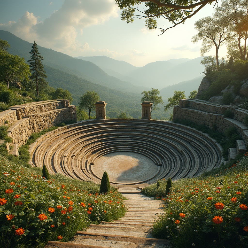 Prompt: Amphitheater architecture, curved seating, lush greenery, natural stone walls, wooden benches, scenic viewpoints, panoramic views, soft warm lighting, shallow depth of field, 3/4 composition, realistic textures, ambient occlusion, rolling hills, wildflower fields, meandering pathways, serene atmosphere, gentle breezes, misty mornings, gradual elevation changes, organic shapes, earthy tones, natural materials, blending boundaries, harmonious transitions.