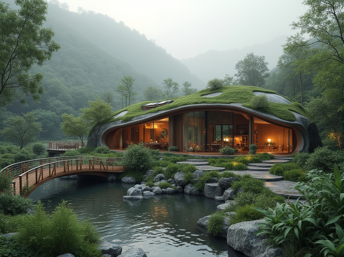 Prompt: Sustainable eco-lodge, organic curves, natural stone walls, green roofs, solar panels, rainwater harvesting systems, native plant species, meandering streams, tranquil water features, wooden bridges, scenic lookout points, misty mornings, soft diffused lighting, 1/1 composition, atmospheric perspective, realistic foliage, ambient occlusion.