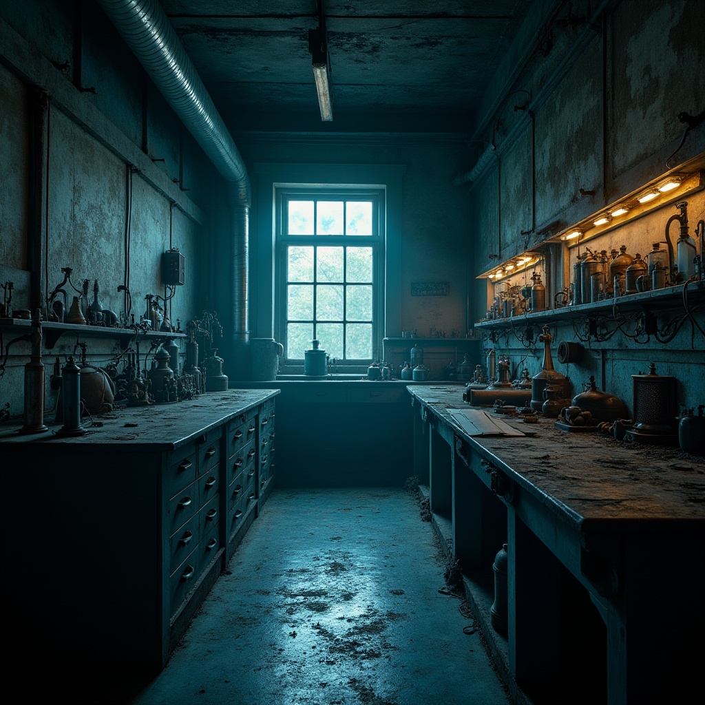 Prompt: Mysterious abandoned laboratory, vintage scientific equipment, dimly lit atmosphere, rich Prussian blue hues, metallic sheen, industrial pipes, worn wooden workbenches, distressed stone walls, eerie shadows, softbox lighting, 1/2 composition, cinematic mood, realistic textures, subtle ambient occlusion.