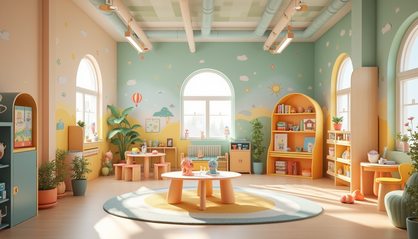 Prompt: Vibrant kindergarten building, playful rounded shapes, soft pastel colors, whimsical illustrations, educational signage, colorful rug patterns, natural wood accents, gentle lighting fixtures, cozy reading nooks, circular tables, tiny chairs, creative art displays, lively wall decals, interactive play areas, sensory stimulation zones, calm atmosphere, shallow depth of field, 1/1 composition, soft focus effect, warm color temperature, inviting textures.