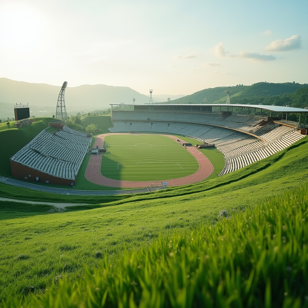 Prompt: Natural grassy terrain, rolling hills, integrated sports facilities, soccer fields, tennis courts, basketball hoops, athletic tracks, bleacher seating, scoreboard displays, modern stadium architecture, sleek metal structures, cantilevered roofs, panoramic views, sunny day, soft warm lighting, shallow depth of field, 3/4 composition, realistic textures, ambient occlusion.