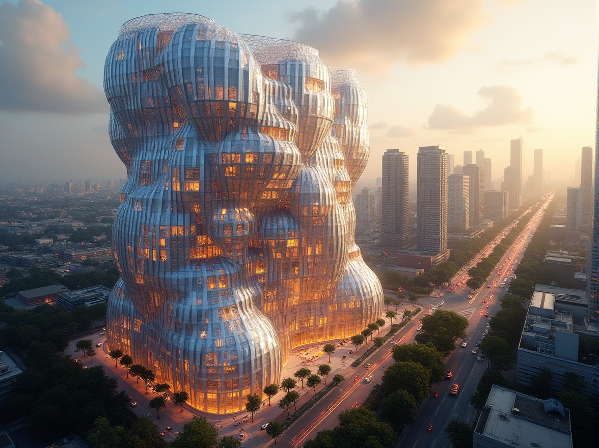 Prompt: Dynamic parametric facade, iridescent glass panels, LED light installations, kinetic architecture, adaptive shading systems, solar-powered windows, energy-harvesting walls, futuristic skyscraper, urban cityscape, bustling metropolitan area, warm golden lighting, shallow depth of field, 1/1 composition, realistic reflections, ambient occlusion.