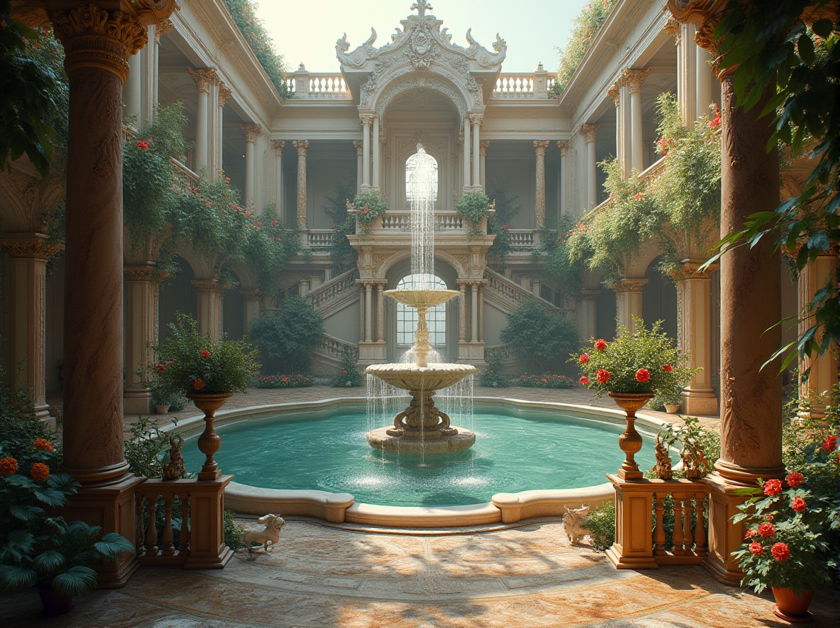 Prompt: Opulent Baroque palace, grandiose fountain, lush greenery, vibrant flowers, ornate sculptures, sweeping staircases, intricate stone carvings, lavish decorations, golden accents, luxurious textiles, majestic architecture, dramatic lighting, misty atmosphere, warm color palette, symmetrical composition, shallow depth of field, 2/3 rule, soft focus, realistic rendering.